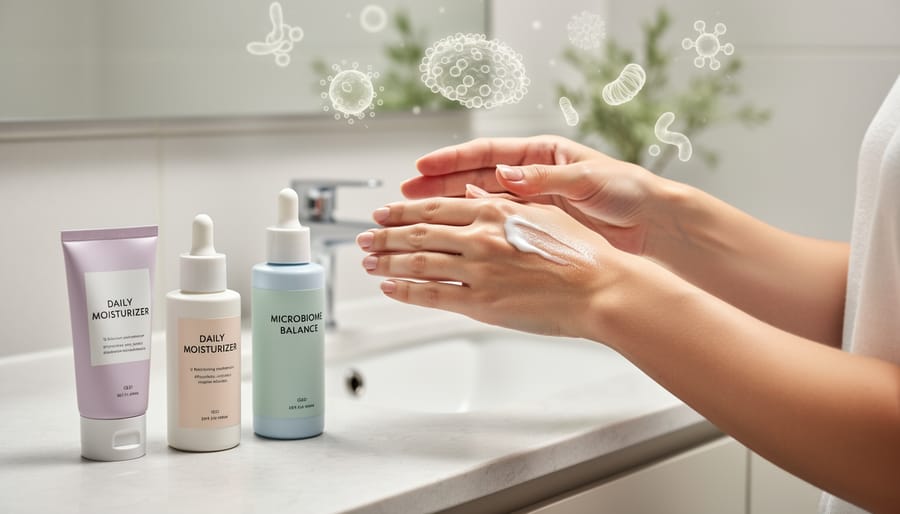 Person gently applying moisturizer to their face in a calm, well-lit bedroom setting.
