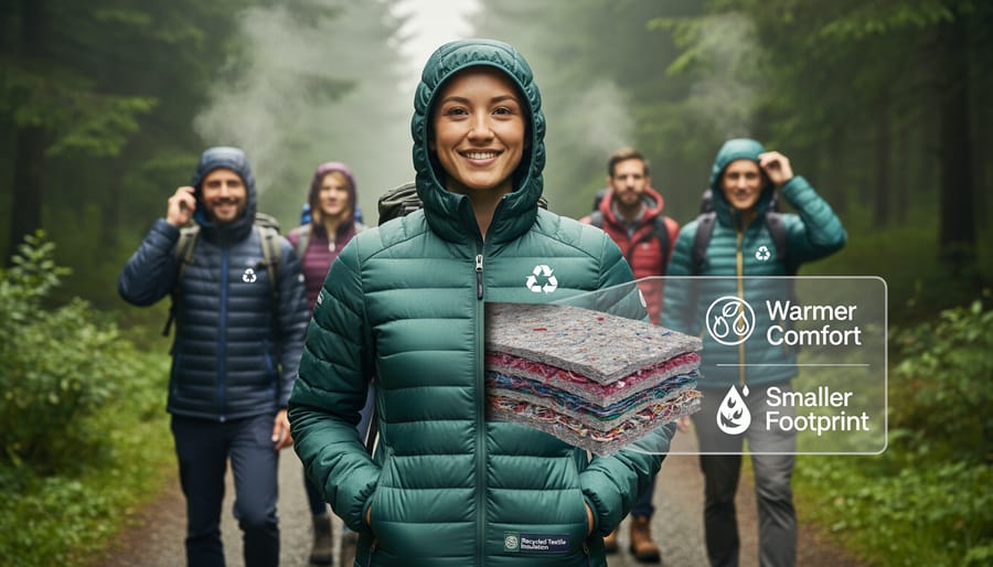 Model wearing an eco-insulated jacket outdoors with soft golden-hour lighting