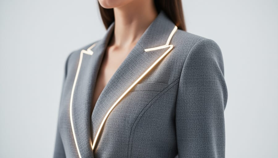 Model wearing an evening jacket with subtle glowing embroidered detail along the seams