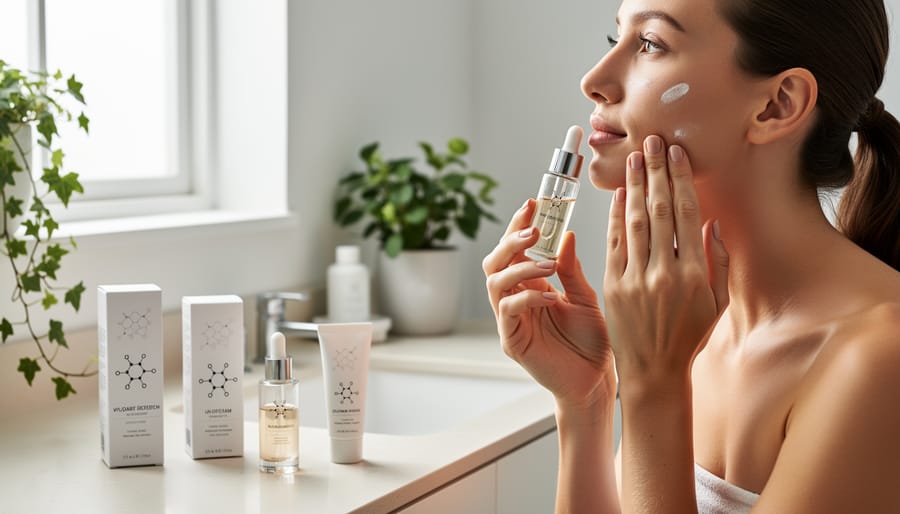 Person applying facial serum to the cheek in a bright, clean bathroom setting.
