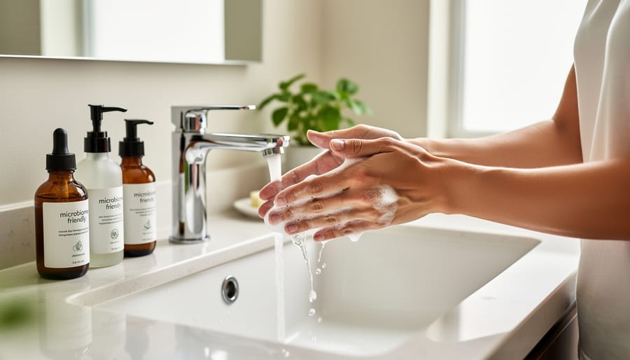 Person gently cleansing their face with a cleanser at a bathroom sink using gentle, microbiome-friendly steps.