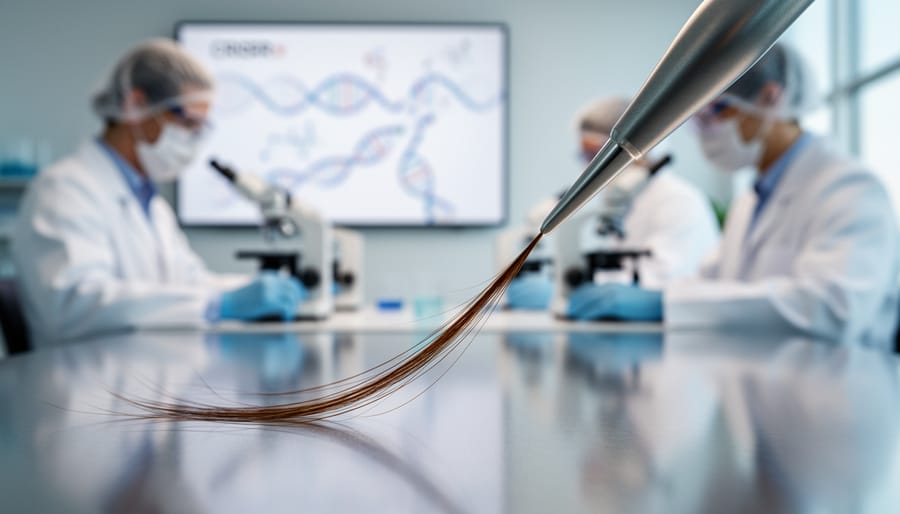 Macro view of a single hair strand on a lab bench next to a pipette and vial.
