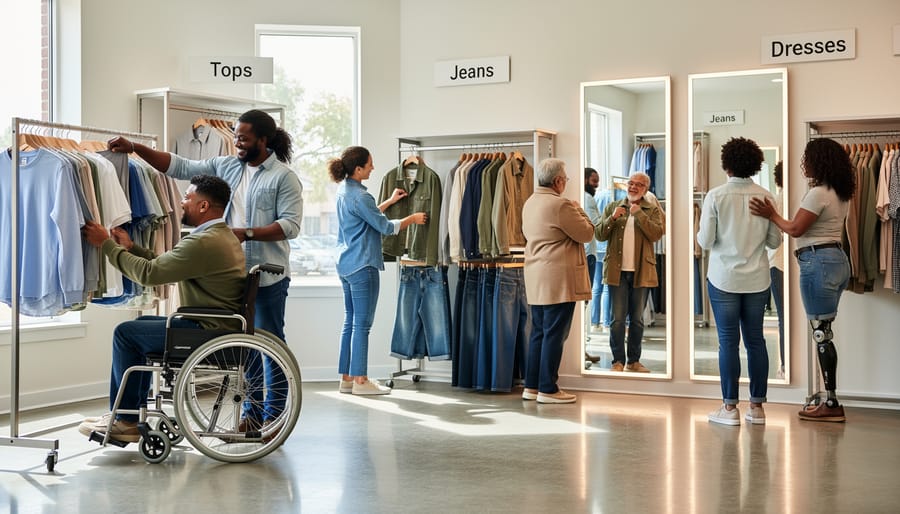A clothing rack at an open-air market displays inclusive garments in diverse colors and textures.