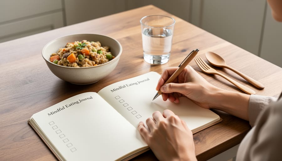 Close-up of hands writing in a blank-page mindful eating journal next to a simple bowl meal and a glass of water on a cozy table.