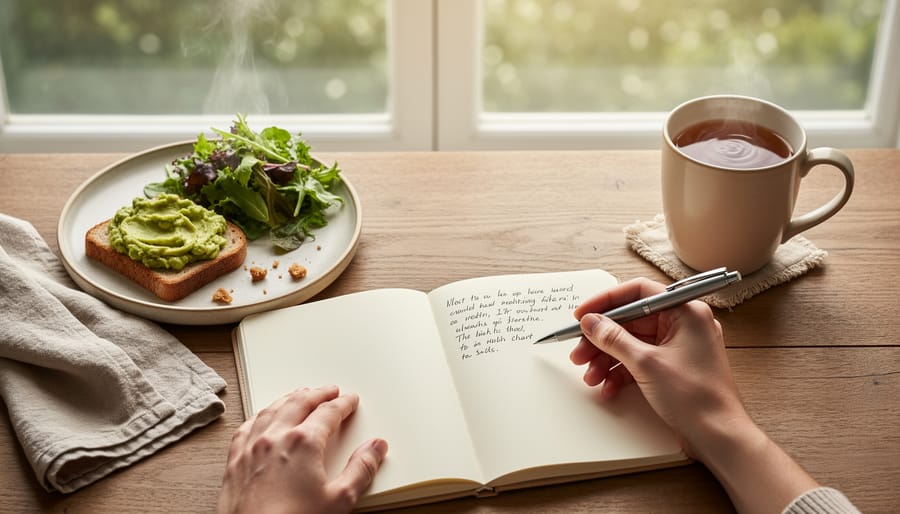 Hands writing in a mindful eating journal next to a mug of tea and a small plate of fruit