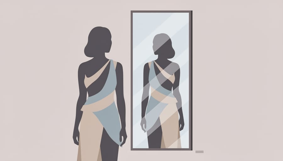 In a stylish studio, a mirror reflects two people wearing gender-fluid outfits with tailored and draped layers.