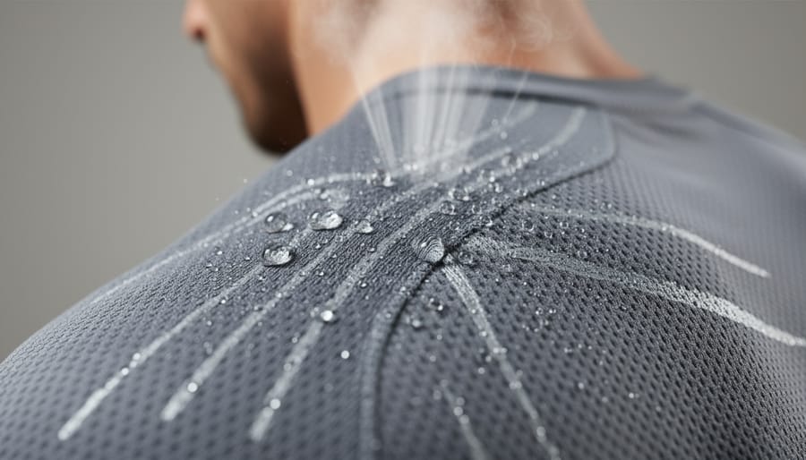 Macro close-up of water droplets beading on performance fabric over an athletic arm