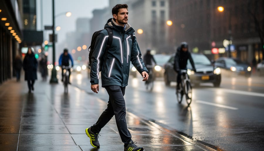 Commuter wearing rain-ready reflective jacket walking on a wet street