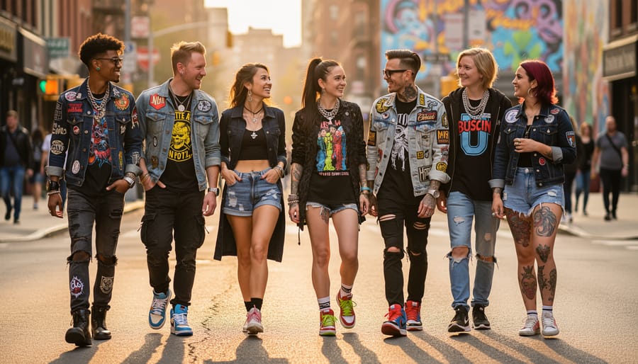 A group of young people in punk-inspired outfits stand together on a city street at golden hour.