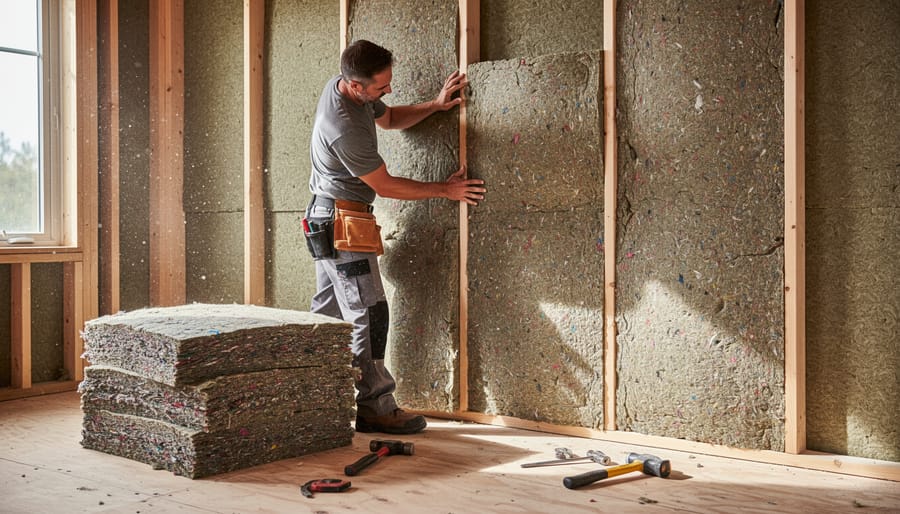 Loose-fill recycled textile insulation between wooden attic beams