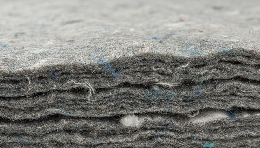 Person holding a bat of recycled textile insulation with visible cotton and denim fibers