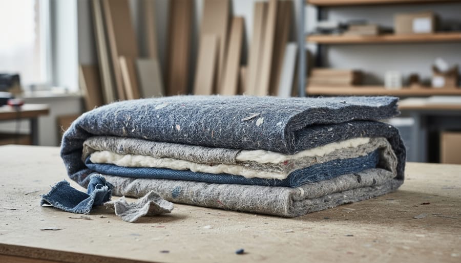 Close-up of recycled textile insulation batts made from blue denim, gray wool, and off-white fabric fibers on a workbench with scattered textile scraps in the background.