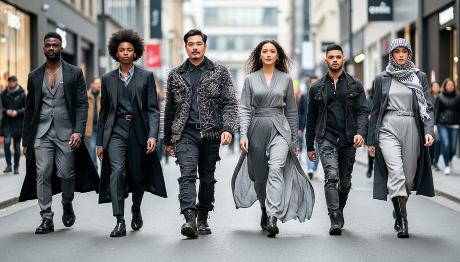 Diverse people walking confidently on a city street wearing revolutionary fashion styles, including gender-fluid and punk-inspired details, conveying cultural change.