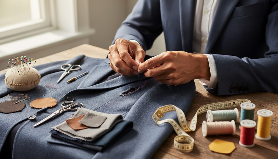 Fashion-forward woman holding a secondhand blazer and a mending kit in soft daylight.