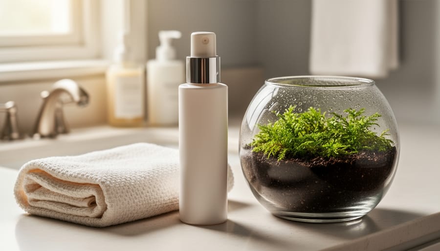 Skincare bottle and soft cloth beside a glass jar with living moss and soil, representing the skin microbiome as a thriving garden.