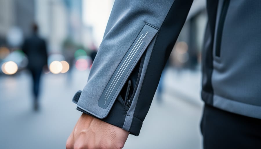 Close-up of a modern smart jacket sleeve with subtly integrated sensor-like details and a hidden pocket area, photographed with a clean urban background blur.