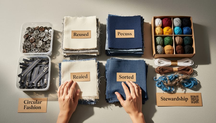 Sorted textile scraps and garment pieces on a clean worktable showing close-up fabric textures.