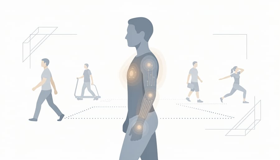 Person holding a smart textile sleeve near their chest in a bright, calm room