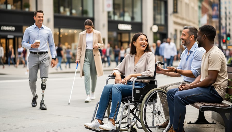 Wheelchair user wearing fashionable adaptive clothing walking in an accessible community setting at golden hour